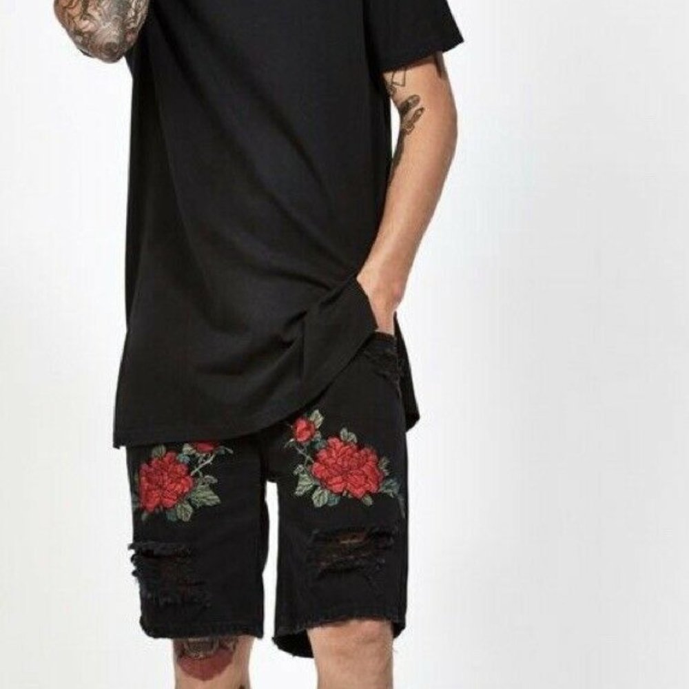 Pacsun Rose Embroidered Distressed Denim Shorts